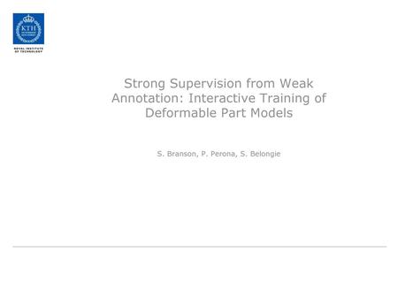 Strong Supervision from Weak Annotation: Interactive Training of Deformable Part Models S. Branson, P. Perona, S. Belongie.