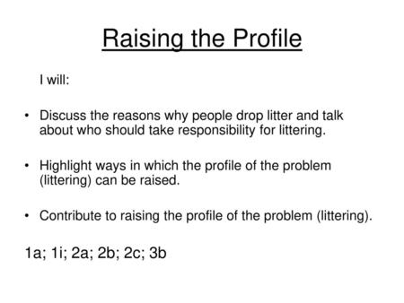 Raising the Profile 1a; 1i; 2a; 2b; 2c; 3b I will: