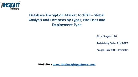 Database Encryption Market to Global Analysis and Forecasts by Types, End User and Deployment Type No of Pages: 150 Publishing Date: Apr 2017 Single.