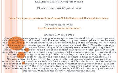 KELLER MGMT 591 Complete Week 4 Check this A+ tutorial guideline at  For more classes.