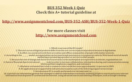 BUS 352 Week 1 Quiz Check this A+ tutorial guideline at  For more classes visit