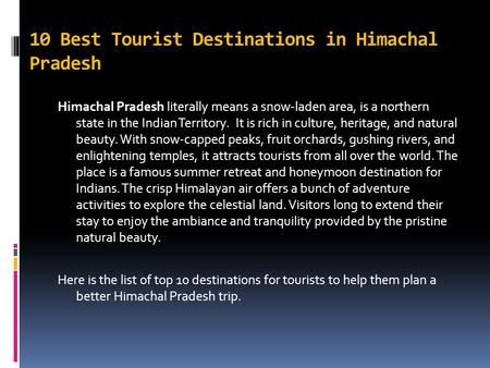 10 Best Tourist Destinations in Himachal Pradesh