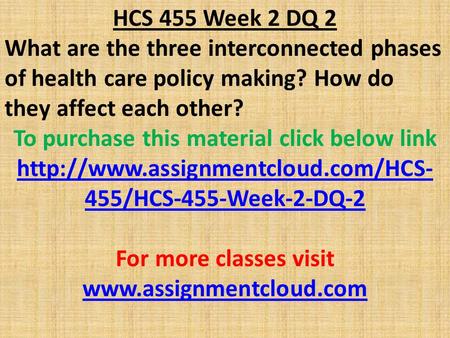 HCS 455 Week 2 DQ 2 What are the three interconnected phases of health care policy making? How do they affect each other? To purchase this material click.