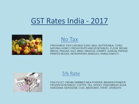 GST Rates India No Tax FRESH MEAT, FISH CHICKEN, EGGS, MILK, BUTTER MILK, CURD, NATURAL HONEY, FRESH FRUITS AND VEGETABLES, FLOUR, BESAN, BREAD,