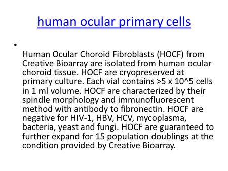 Human ocular primary cells Human Ocular Choroid Fibroblasts (HOCF) from Creative Bioarray are isolated from human ocular choroid tissue. HOCF are cryopreserved.