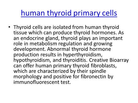 Human thyroid primary cells Thyroid cells are isolated from human thyroid tissue which can produce thyroid hormones. As an endocrine gland, thyroid plays.