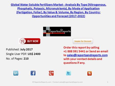 Global Water Soluble Fertilizers Market - Analysis By Type (Nitrogenous, Phosphatic, Potassic, Micronutrients), By Mode of Application (Fertigation, Foliar),