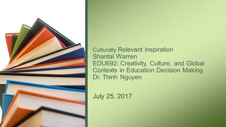 Culturally Relevant Inspiration Shantal Warren EDU692: Creativity, Culture, and Global Contexts in Education Decision Making Dr. Thinh Nguyen July 25,