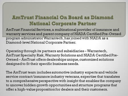 AmTrust Financial On Board as Diamond National Corporate Partner