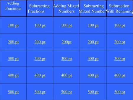 Adding Fractions Subtracting Fractions Adding Mixed Numbers