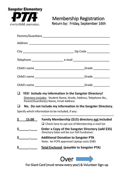 Membership Registration Return by: Friday, September 16th