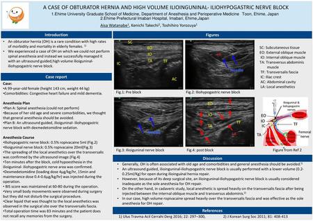 A CASE OF OBTURATOR HERNIA AND HIGH VOLUME ILIOINGUNINAL- ILIOHYPOGASTRIC NERVE BLOCK 1.Ehime University Graduate School of Medicine, Department of Anesthesia.