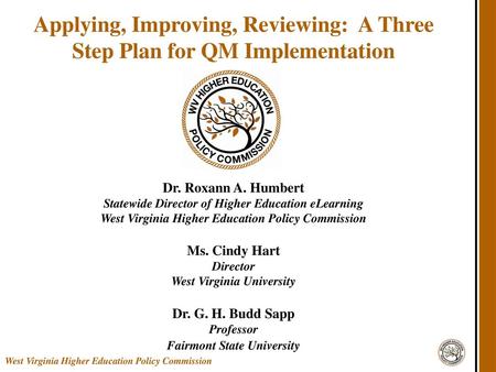 Applying, Improving, Reviewing: A Three Step Plan for QM Implementation Dr. Roxann A. Humbert Statewide Director of Higher Education eLearning West.