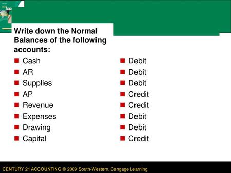 Do Now Write down the Normal Balances of the following accounts: Cash