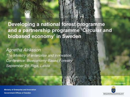 Developing a national forest programme and a partnership programme ‘Circular and biobased economy’ in Sweden Agnetha Alriksson The Ministry of enterprise.