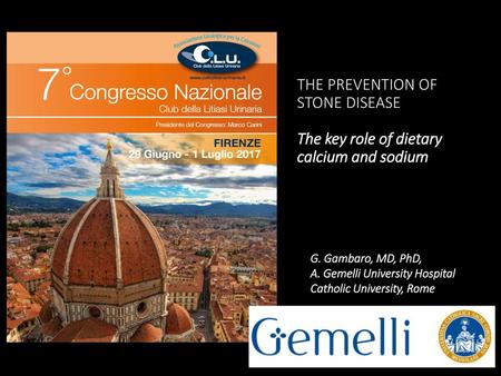 WORKSHOP LIFESTYLE AND DIET IN THE PREVENTION OF STONE DISEASE The key role of dietary calcium and sodium G. Gambaro, MD, PhD, A. Gemelli University.