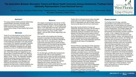 The Association Between Secondary Trauma and Mental Health Outcomes Among Adolescents: Findings from a Nationally Representative Cross-Sectional Survey.