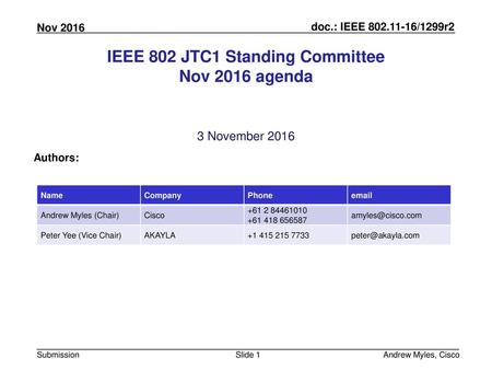 IEEE 802 JTC1 Standing Committee Nov 2016 agenda