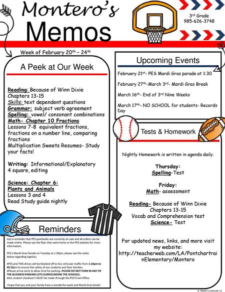 Memos Montero’s Reminders Upcoming Events A Peek at Our Week