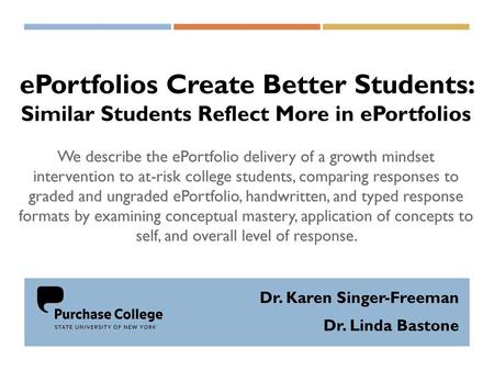 EPortfolios Create Better Students: Similar Students Reflect More in ePortfolios We describe the ePortfolio delivery of a growth mindset intervention.