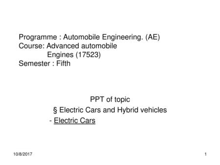 PPT of topic § Electric Cars and Hybrid vehicles - Electric Cars