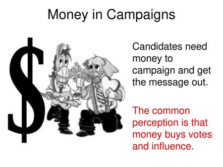 Money in Campaigns Candidates need money to campaign and get the message out. The common perception is that money buys votes and influence.