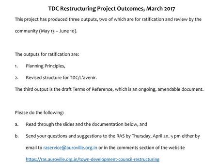 TDC Restructuring Project Outcomes, March 2017