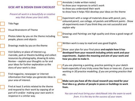 GCSE ART & DESIGN EXAM CHECKLIST