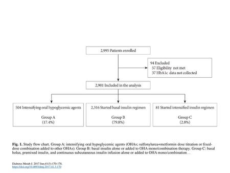 Fig. 1. Study flow chart. Group A: intensifying oral hypoglycemic agents (OHAs; sulfonylurea+metformin dose titration or fixed-dose combination added to.