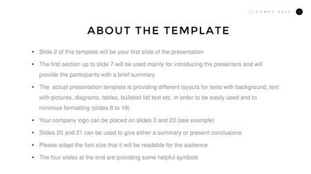 About the template Slide 2 of this template will be your first slide of the presentation The first section up to slide 7 will be used mainly for introducing.