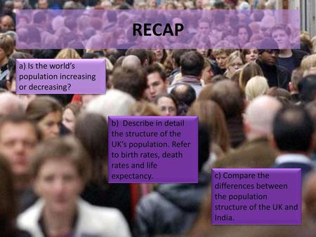 RECAP a) Is the world’s population increasing or decreasing?