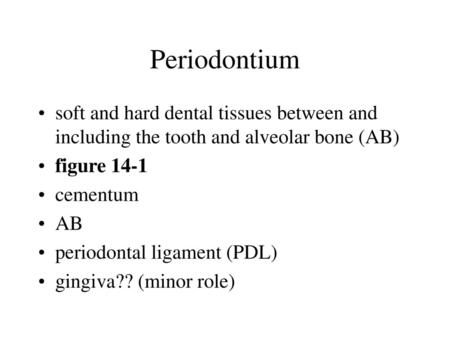 Periodontium soft and hard dental tissues between and including the tooth and alveolar bone (AB) figure 14-1 cementum AB periodontal ligament (PDL) gingiva??