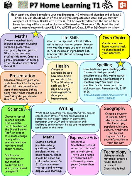 P7 Home Learning T1 Maths Life Skills Own Choice Spelling Health