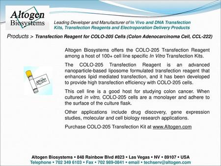 Altogen labs Leading Developer and Manufacturer of In Vivo and DNA Transfection Kits, Transfection Reagents and Electroporation Delivery Products Products.