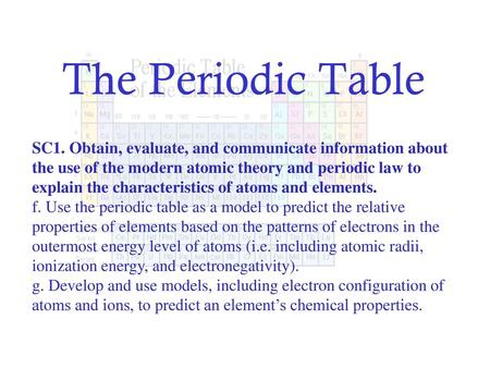 The Periodic Table SC1. Obtain, evaluate, and communicate information about the use of the modern atomic theory and periodic law to explain the characteristics.