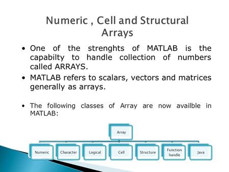 Numeric, Cell and Structural Arrays One of the strenghts of MATLAB is the capabilty to handle collection of numbers called ARRAYS. MATLAB refers to scalars,