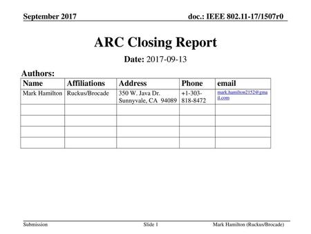 ARC Closing Report Date: Authors: January 2016