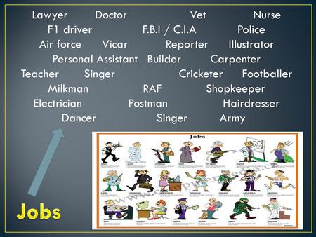 Jobs Lawyer Doctor Vet Nurse F1 driver F.B.I / C.I.A Police