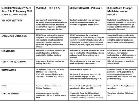 SUBJECT (Week 6) 2nd Sem Date: February 2016