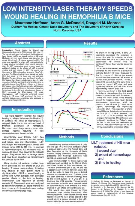 LOW INTENSITY LASER THERAPY SPEEDS WOUND HEALING IN HEMOPHILIA B MICE Maureane Hoffman, Anna G. McDonald, Dougald M. Monroe Durham VA Medical Center,