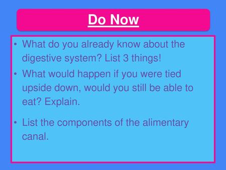 Do Now What do you already know about the digestive system? List 3 things! What would happen if you were tied upside down, would you still be able to.