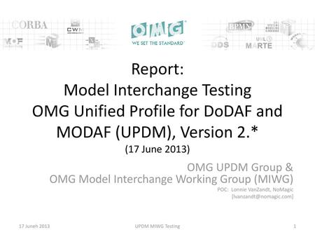 Report: Model Interchange Testing OMG Unified Profile for DoDAF and MODAF (UPDM), Version 2.* (17 June 2013) OMG UPDM Group & OMG Model Interchange Working.