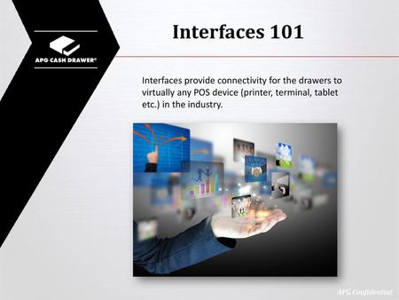 Interfaces 101 Interfaces provide connectivity for the drawers to virtually any POS device (printer, terminal, tablet etc.) in the industry.