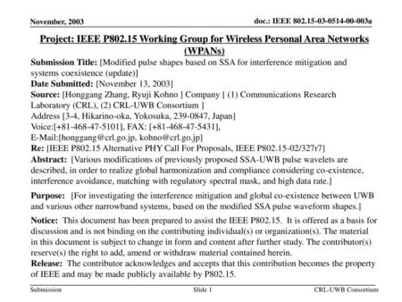 November, 2003 Project: IEEE P802.15 Working Group for Wireless Personal Area Networks (WPANs) Submission Title: [Modified pulse shapes based on SSA for.