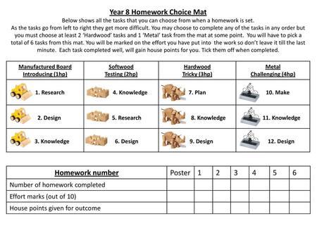 Year 8 Homework Choice Mat