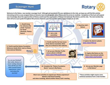 Scavenger Hunt Welcome to the Rotary new member scavenger hunt! Although not mandatory for your admittance to the club, we hope you will find this activity.