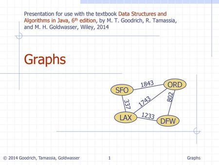 Graphs 10/24/2017 6:47 AM Presentation for use with the textbook Data Structures and Algorithms in Java, 6th edition, by M. T. Goodrich, R. Tamassia, and.