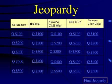 Jeopardy Q $100 Q $100 Q $100 Q $100 Q $100 Q $200 Q $200 Q $200