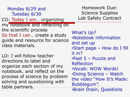 Homework Due: Science Supplies