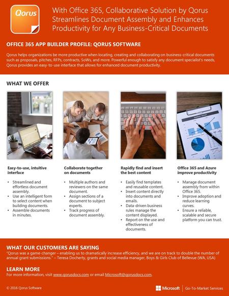 With Office 365, Collaborative Solution by Qorus Streamlines Document Assembly and Enhances Productivity for Any Business-Critical Documents OFFICE 365.
